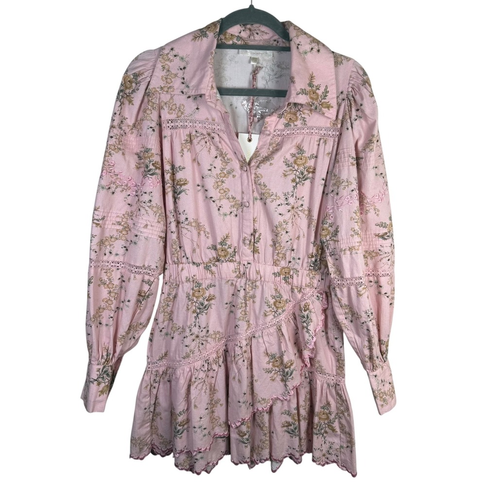 Love Shack Fancy Dubov Mini Dress Honey Dew Pink Size Small NWT Embroidered